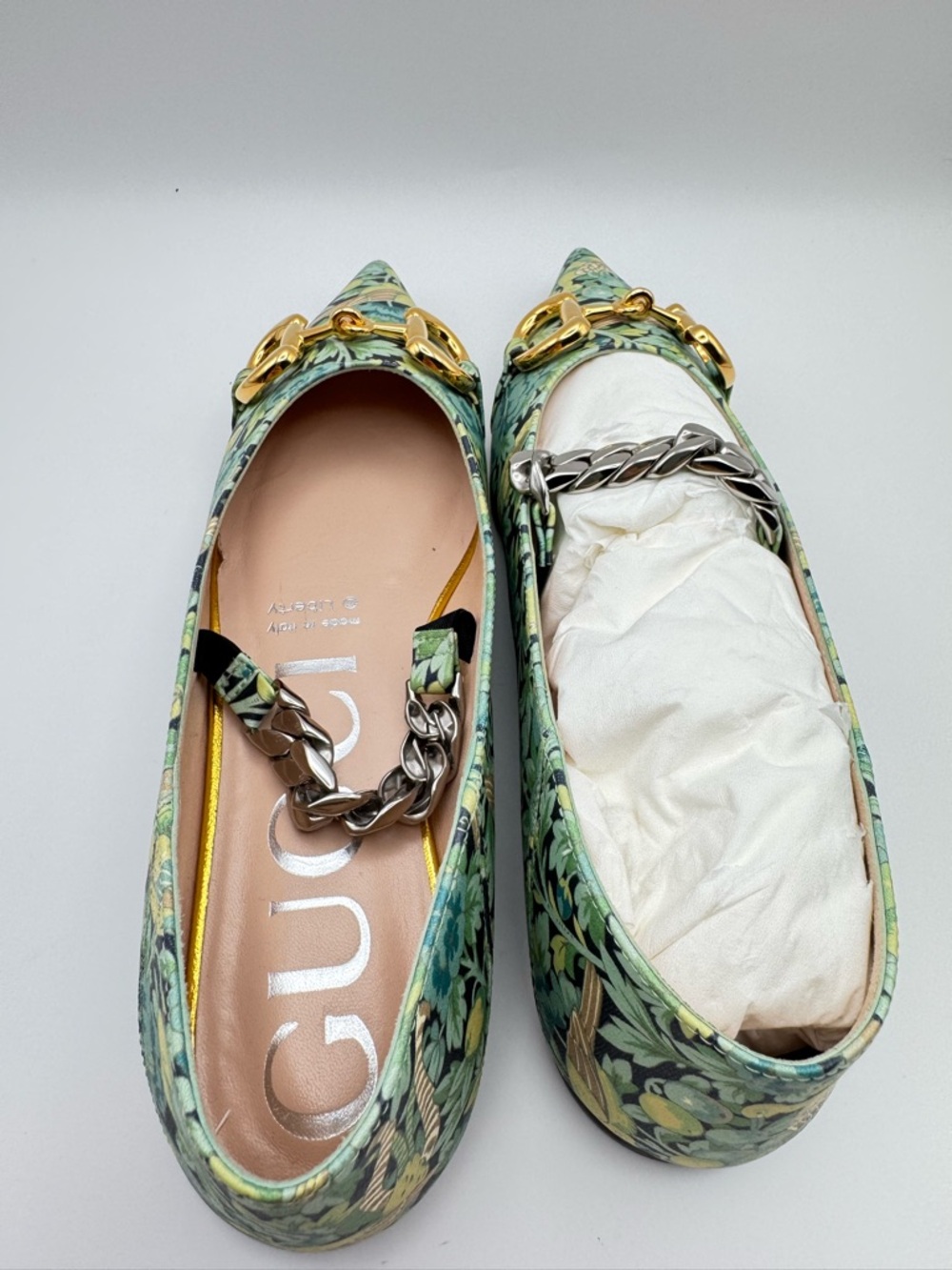 Gucci x Liberty Horsebit Chain Ballet Flats Floral Pointed Toe 36 W Box - Picture 6 of 8